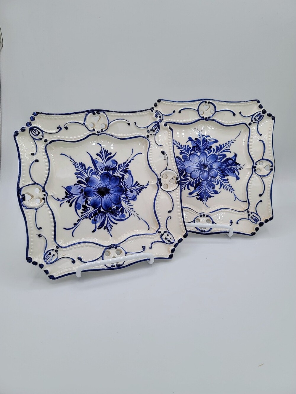 Title:Set 2 RCCI Portugal Hand Painted Blue White Square Plates Pierced Hearts